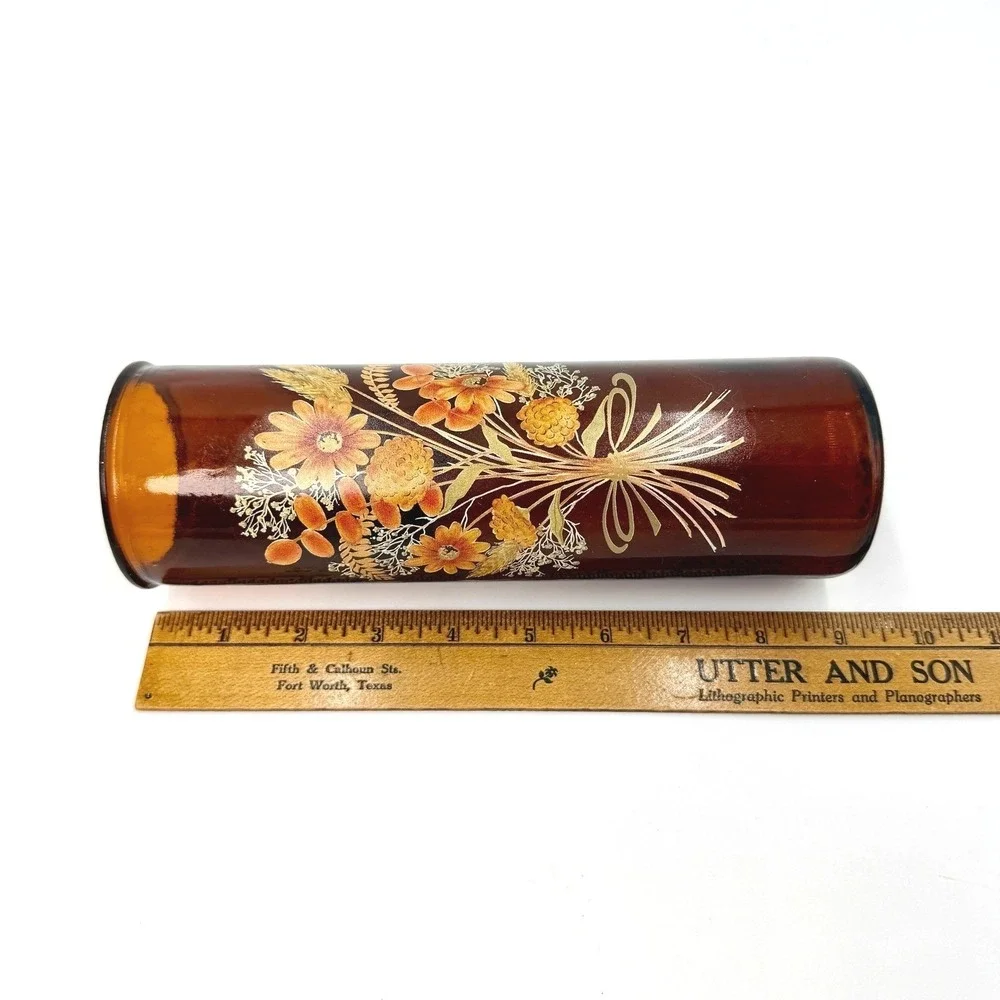 Vintage Amber Glass Cylinder‎ Vase Floral Bouquet Screen Print Retro